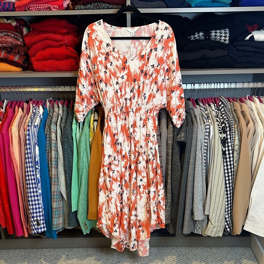 Time and Tru orange/white/navy print dolman sleeve v neck midi dress size S